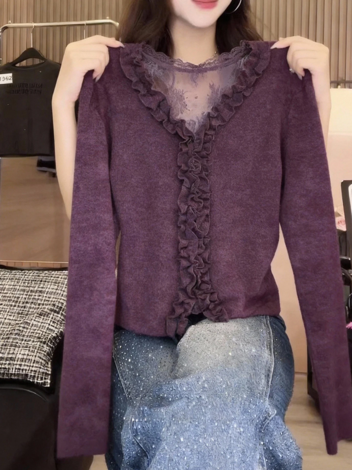 

Spring Long Sleeve Slimming Pure Color Versatile Knitted Top Women's Fashion Ear Look Design Soft Korean Style Commute Shirt