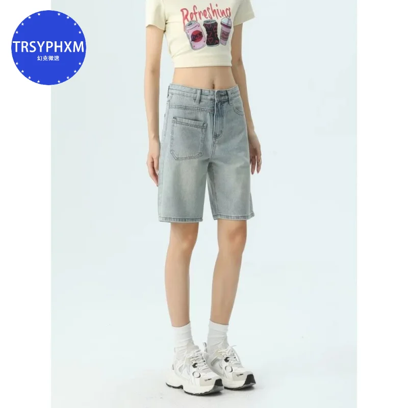 Retro design high waisted denim shorts for women, 2024 summer new style, loose and slimming, versatile straight leg shorts