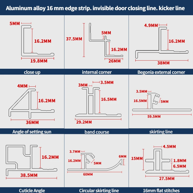 16mm aluminum closing strip. Top line. Waist line. Kick line. Sample collection of metal strips for home decoration