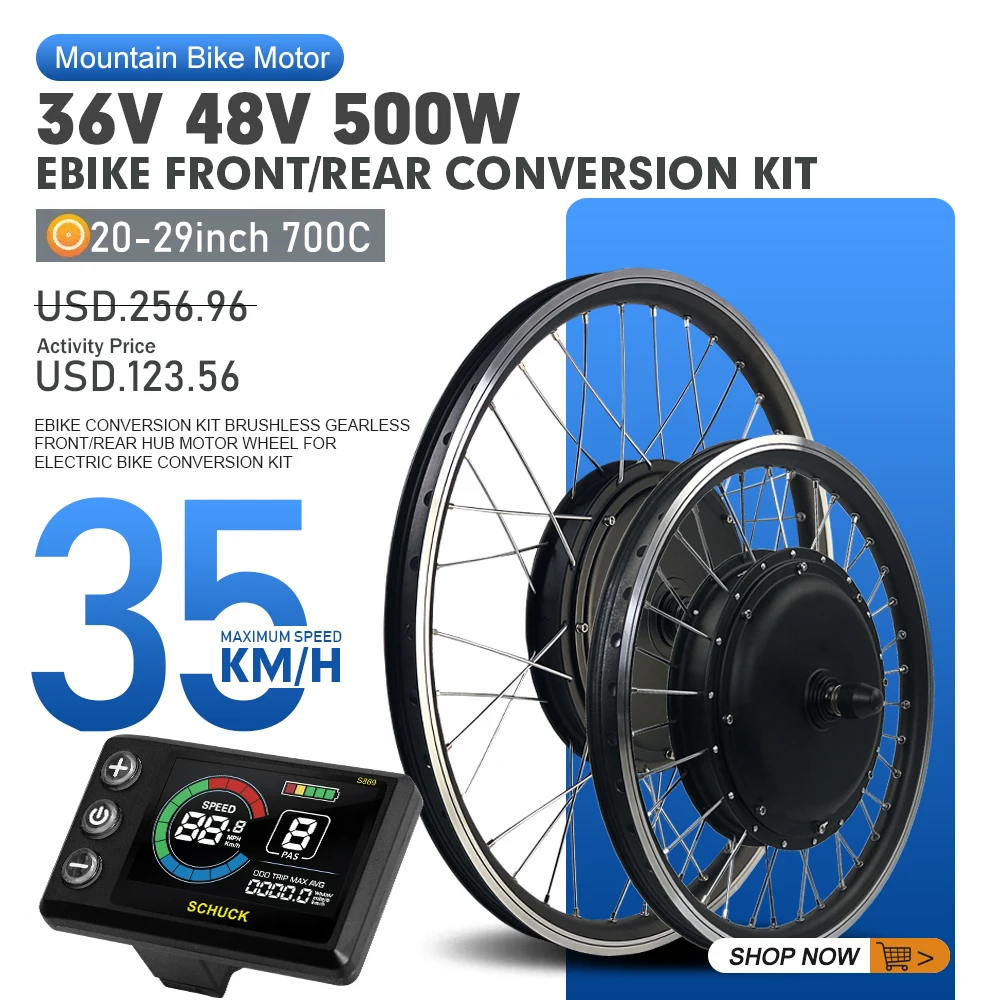 500W Electric Bicycle Conversion Kit 36V 48V Front Rear Brushless Gearless Hub Motor Wheel Drive Engine 20-29Inch 700C for Ebike