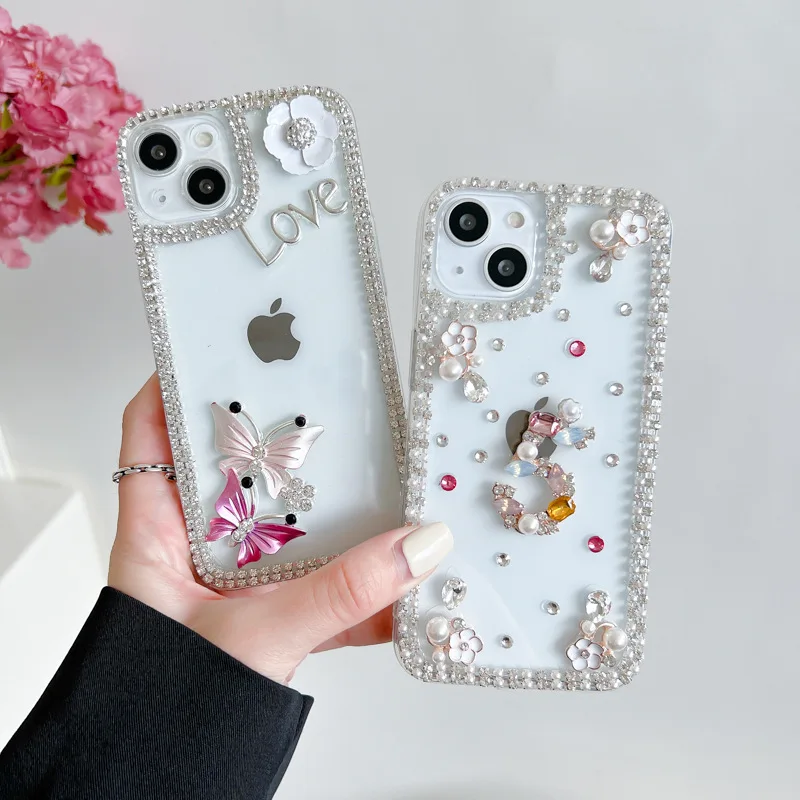 

Rhinestone Luxury Diamond Transparent Phone Case Glitter Butterfly Pearl Seismic Cover For Samsung S25 S24 S23 S22 Ultra