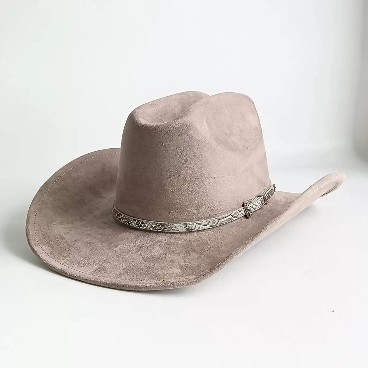 Khaki Grey Suede Western Cowboy Hat for Women, Wide Curved Brim Cowgirl Hat with Engraved Silver Metal Band Vintage Ranch Holida