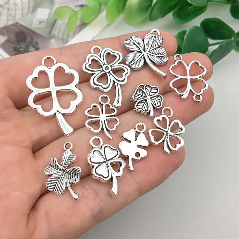 20pcs/lot MIX Charms Lucky Irish Four Leaf Clover Tibetan Silver Color Pendants Antique Jewelry Making DIY Handmade Craft