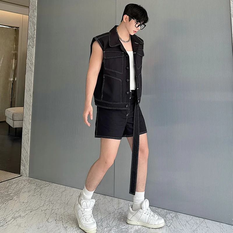 LUZHEN Niche Design Splicing Plain Fashion Sleeveless Vests Two Piece Sets Stylish Handsome Korean Men\'s Straight Shorts LZ4207