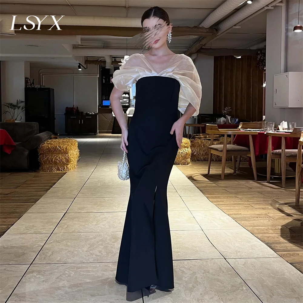 LSYX Off Schulter Crepe Abendkleider Mantel Seite Schlitz bodenlangen Elegante Prom Kleider vestidos de gala mujer Nach Maß