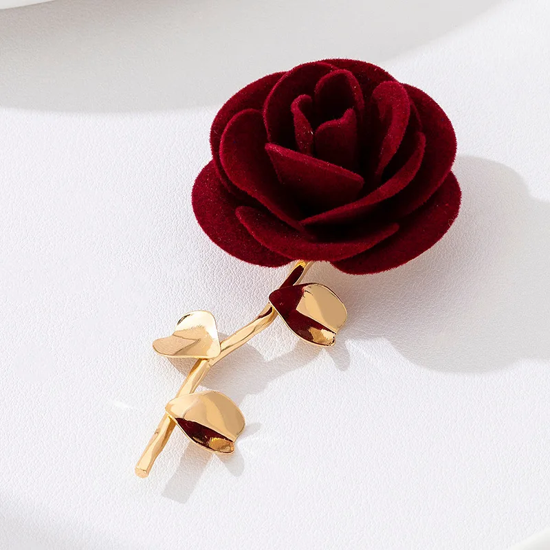 Elegant Burgundy Velvet Rose Brooch Gold Leaf Stem Floral Pin Ladies Clothing Accessories Party Decor Brooch