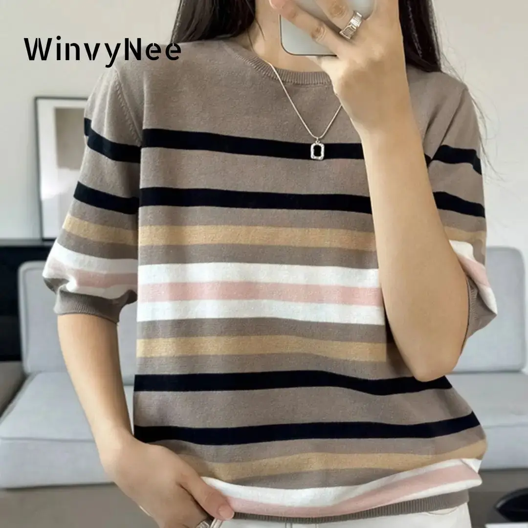 

WinvyNee Summer Women's 00% Cotton T-irt Tops ort S Cleanfit Sle Fake Two-Piece Design Winter Collection