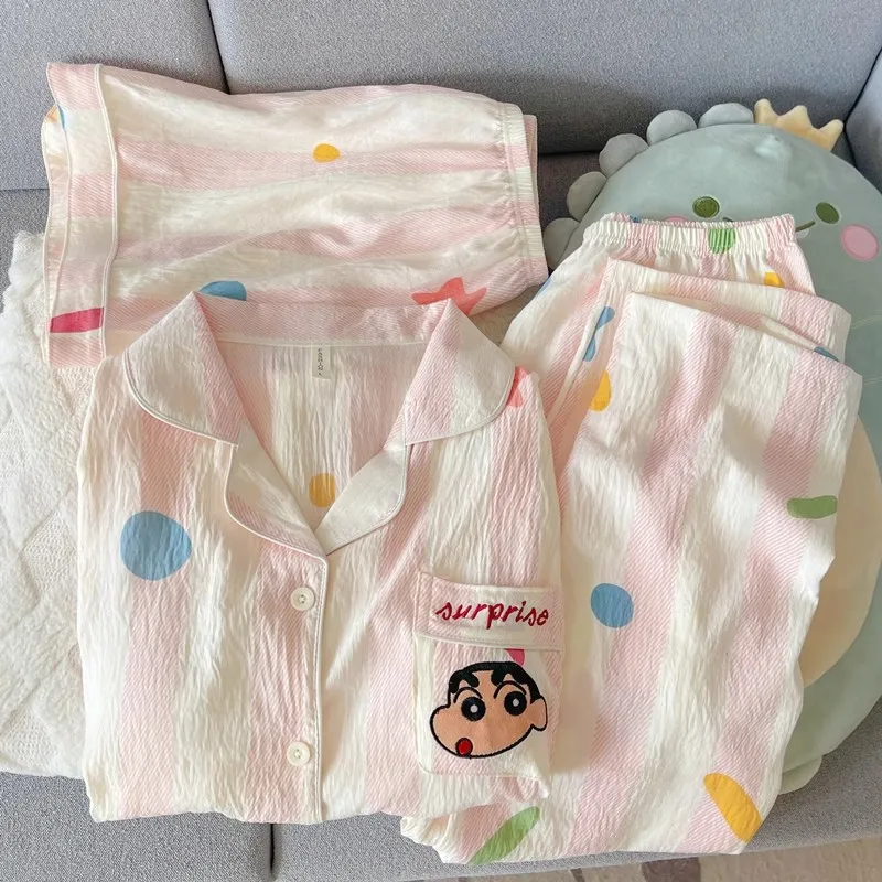 Pink White Stripe Color Polka Dot Crayon Shin Chan Pocket Embroidery Crinkle Cotton Short Sleeve 3 Piece Pajama Set for Women