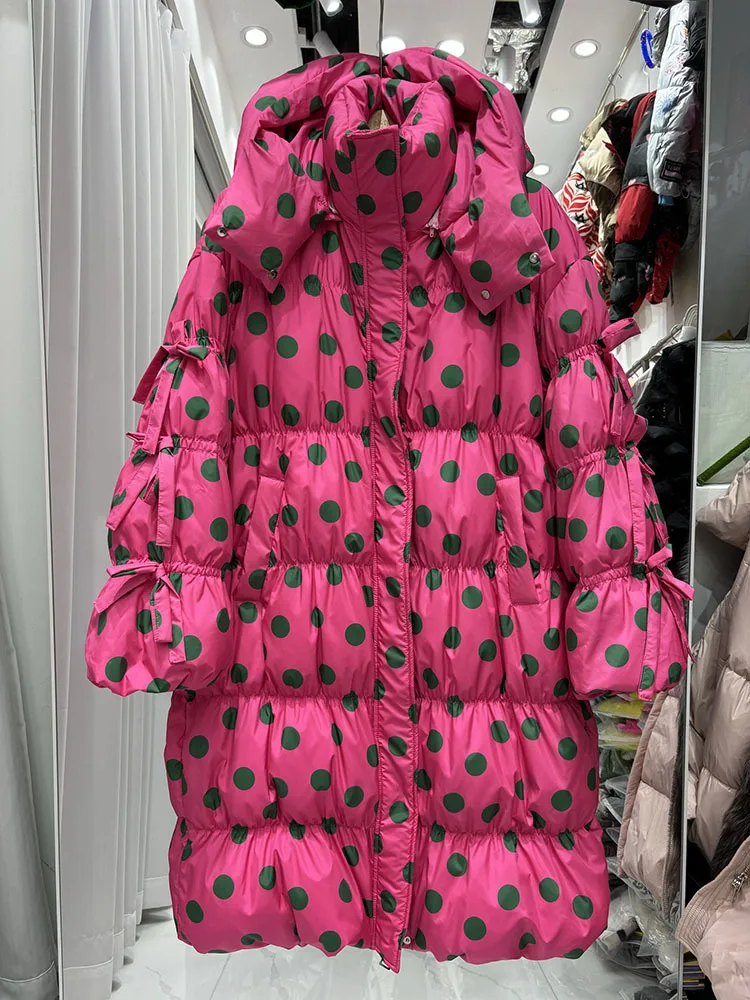 2024 winter new sweet simple polka dot long white duck down thick down jacket over the knee trendy brand jacket