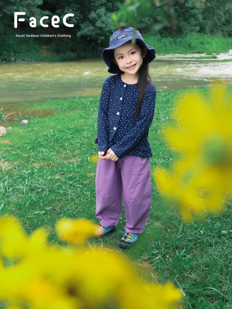 Outdoor Floral Long Sleeve T-Shirt for Girls Spring Autumn Style Slim Fit Camping Cardigan Shirt Children's Cotton Polyester ...