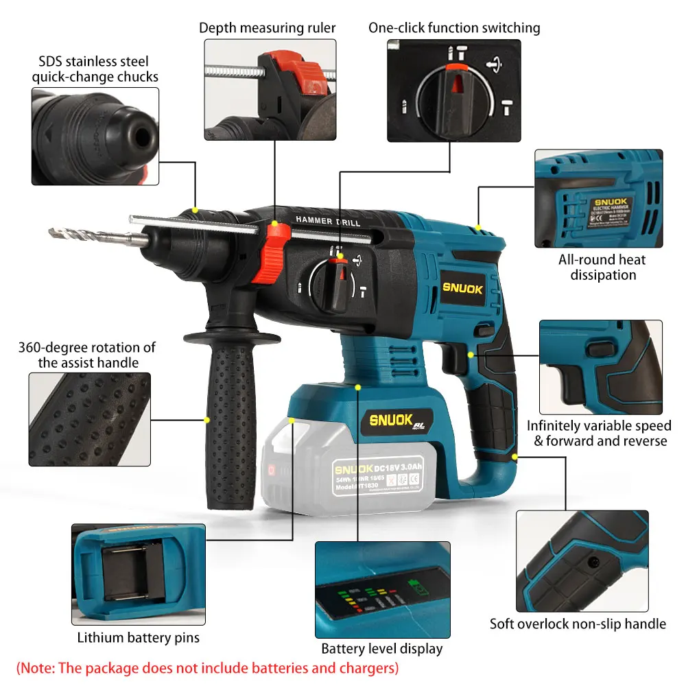 Bor Palu Putar Tanpa Kabel SNUOK Bare Machine Brushless Rotary Hammer, Perkakas Listrik Rumah Tangga, Bor Impak Genggam untuk Baterai Lithium Makita 18V