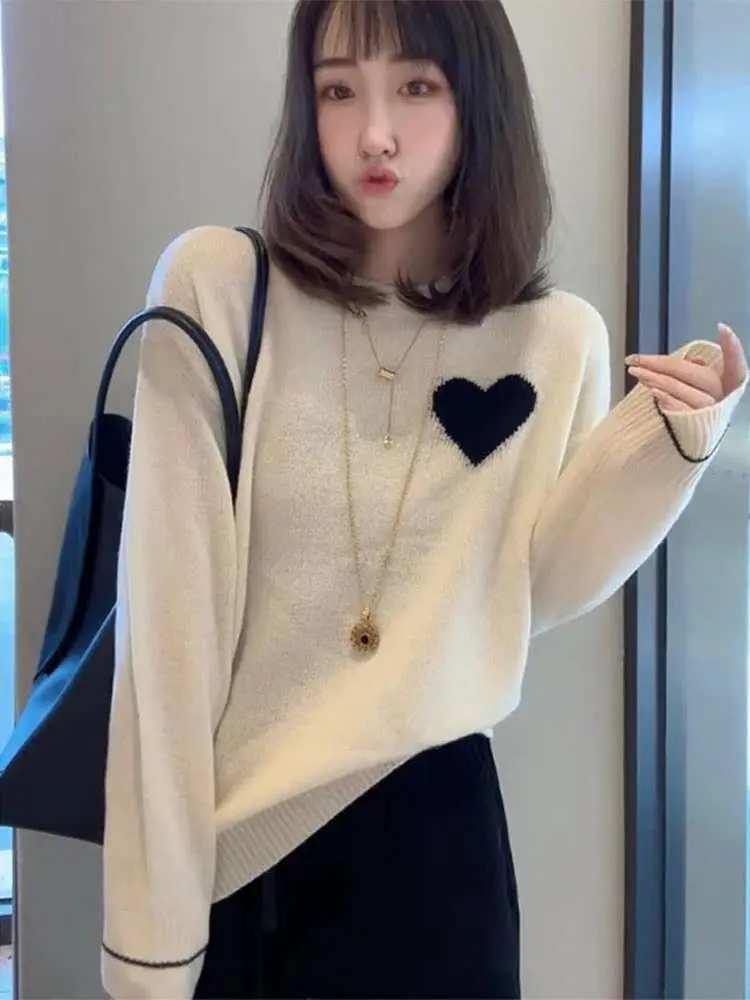 Patrón de amor impreso largo Sve suéter de punto de lana suave suelto Casual Otoño Invierno Anti-envejecimiento Quali Base irt Mujer F...