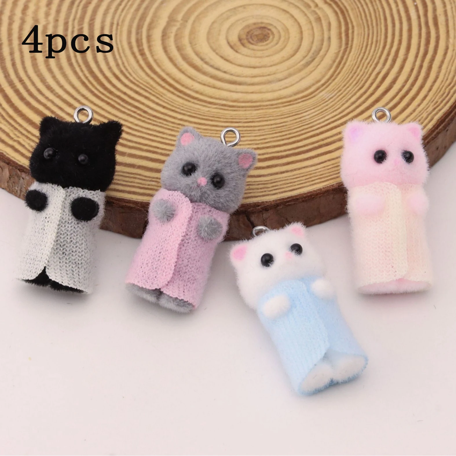 4pcs Flocking Resin Cat Charms Cartoon Animal Kitten Pendant For Bracelet Necklace Earrings Making DIY Jewelry Accessories