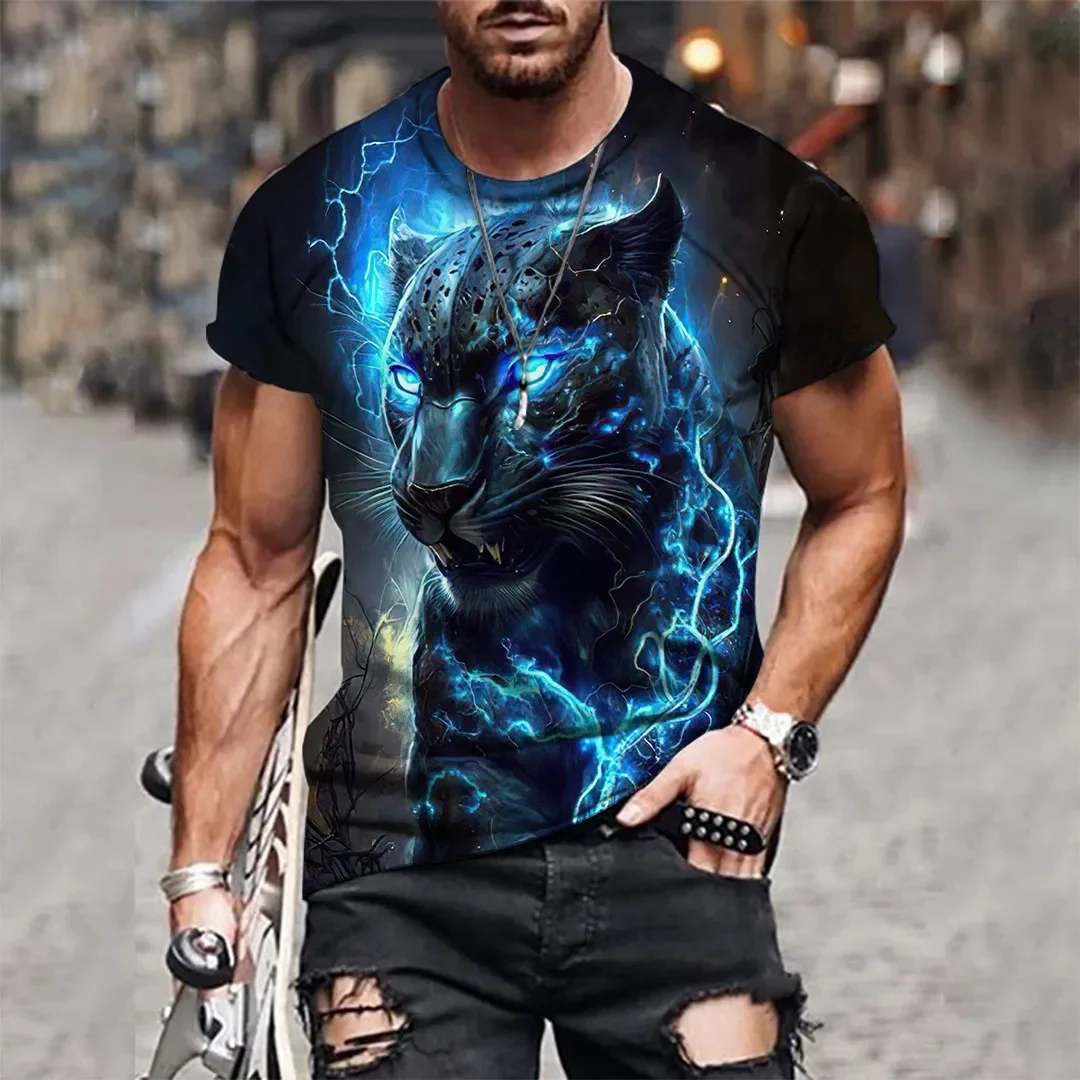 

Men's Short-sleeved Round-neck T-shirt, 3D Tiger Print, Breathable, Elastic, Casual, Fashionable, Outdoor Party, Weekend Wear
