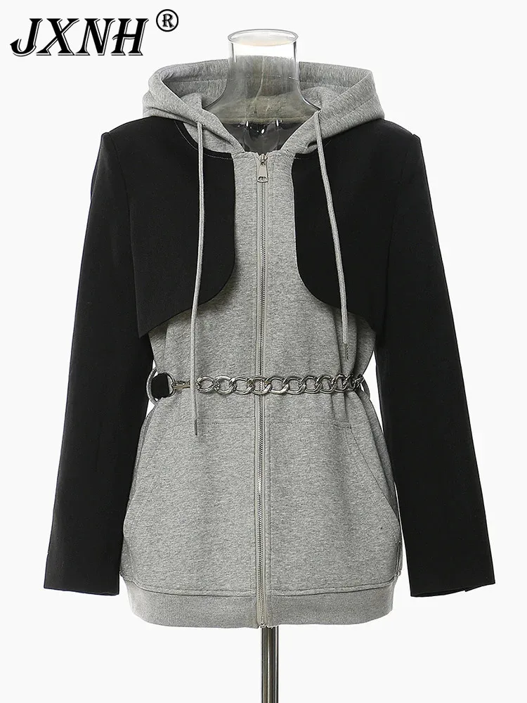 

Loose Fit Gray Color-block Long Sweatshirt New Hooded Long Sleeve Women Big Size Fashion Tide Spring Autumn 2024