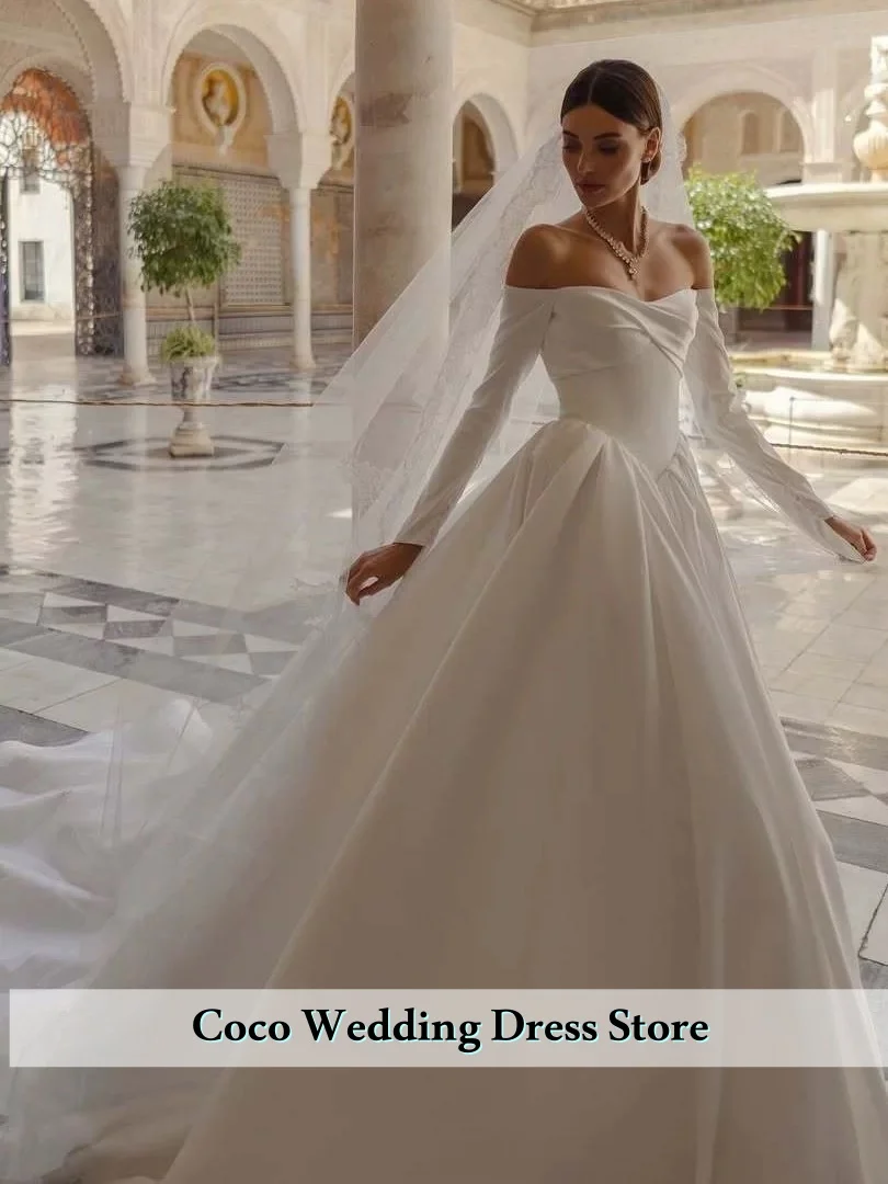 Maßgeschneidertes elegantes Rüschen-Hochzeitskleid, schulterfrei, herzförmig, langärmelig, Korsett, langes Brautkleid, Prinzessin-Brautkleid