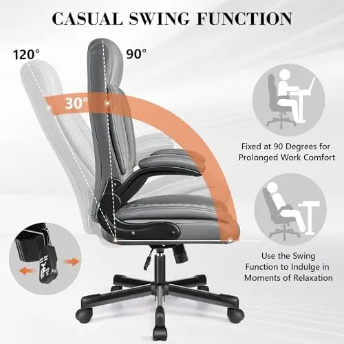 Silla de oficina - Silla de oficina ejecutiva de cuero con ruedas, silla de oficina ergonómica grande y alta con respaldo alto y reposabrazos abatibles,