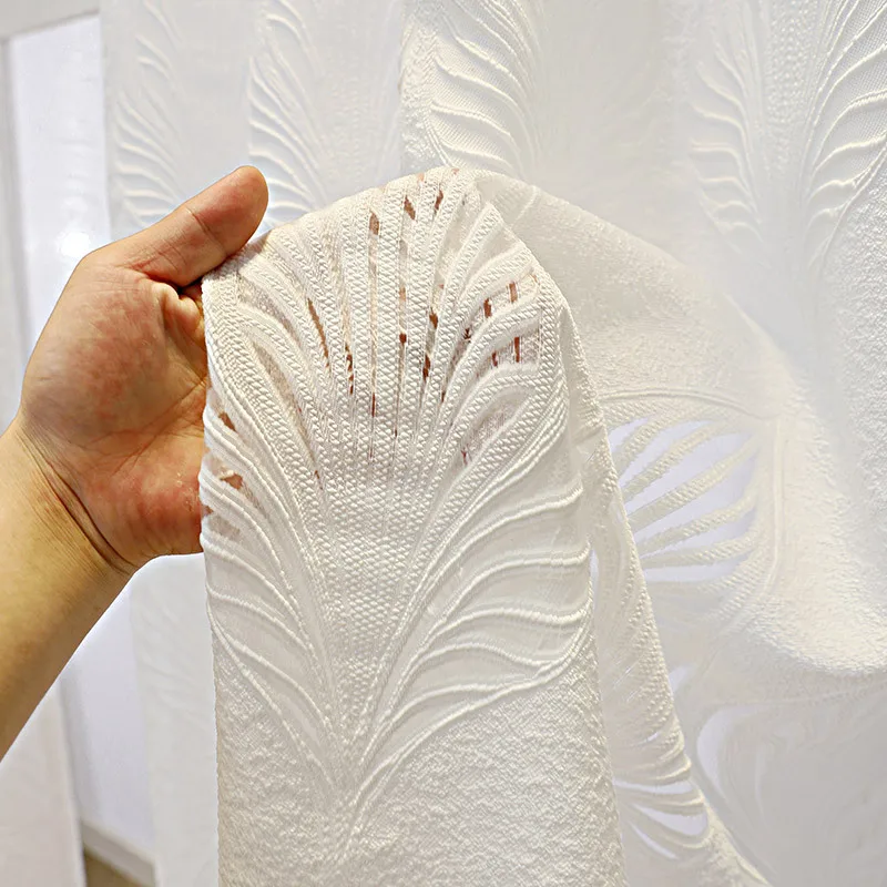 

Simple White Leaves Gray White Tulle Hollow Luxury Curtains for Living Room Bedroom Dining Balcony High-end Custom Size Decor