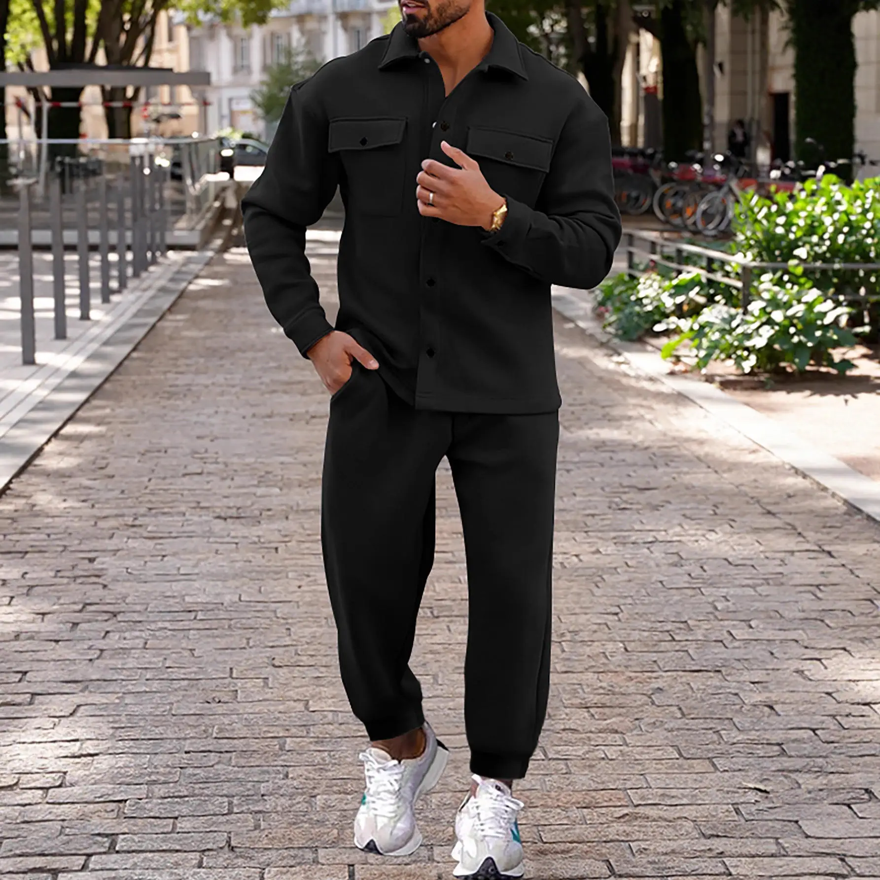 

Комплект мужской одежды: флисовая рубашка с длинным рукавом и спортивные брюки в стиле High Street Fashion для осени 2025 года (трансграничная торговля)