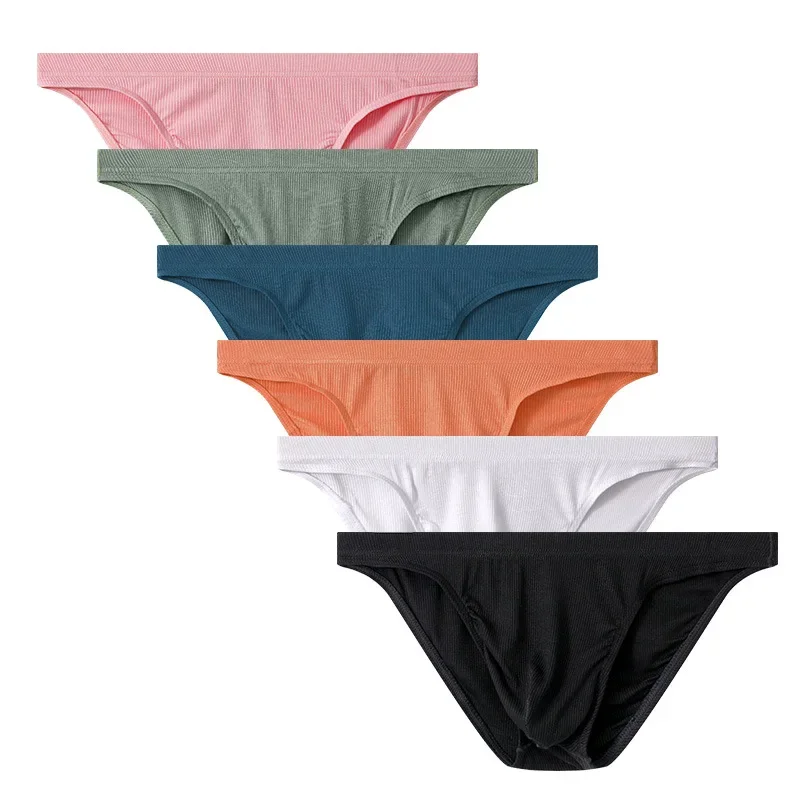 Bulge Pouch Panties Men Breathable Underwear Ribbed Striped Briefs Low Rise Underpants Soft Lingerie Male Elastic Bottom Shorts