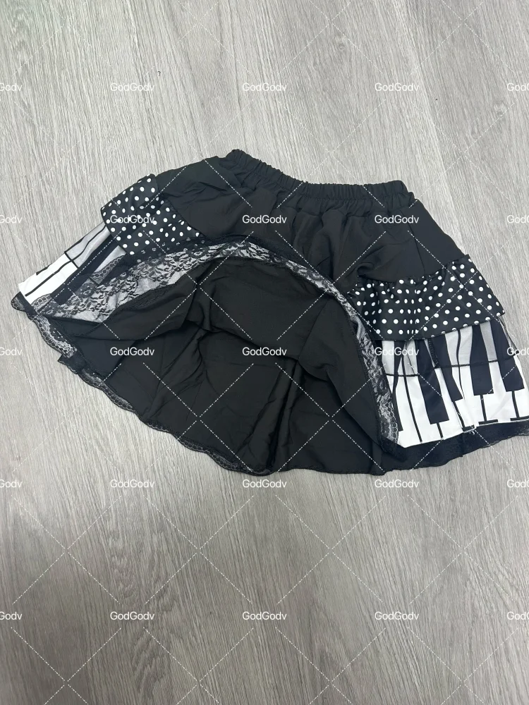 

2000s Eleagnt Vintage Black White Piano Skirt Women Y2k Slim Waist Ruched A-line Skirt Female New Korean Popular Clothes Mujer
