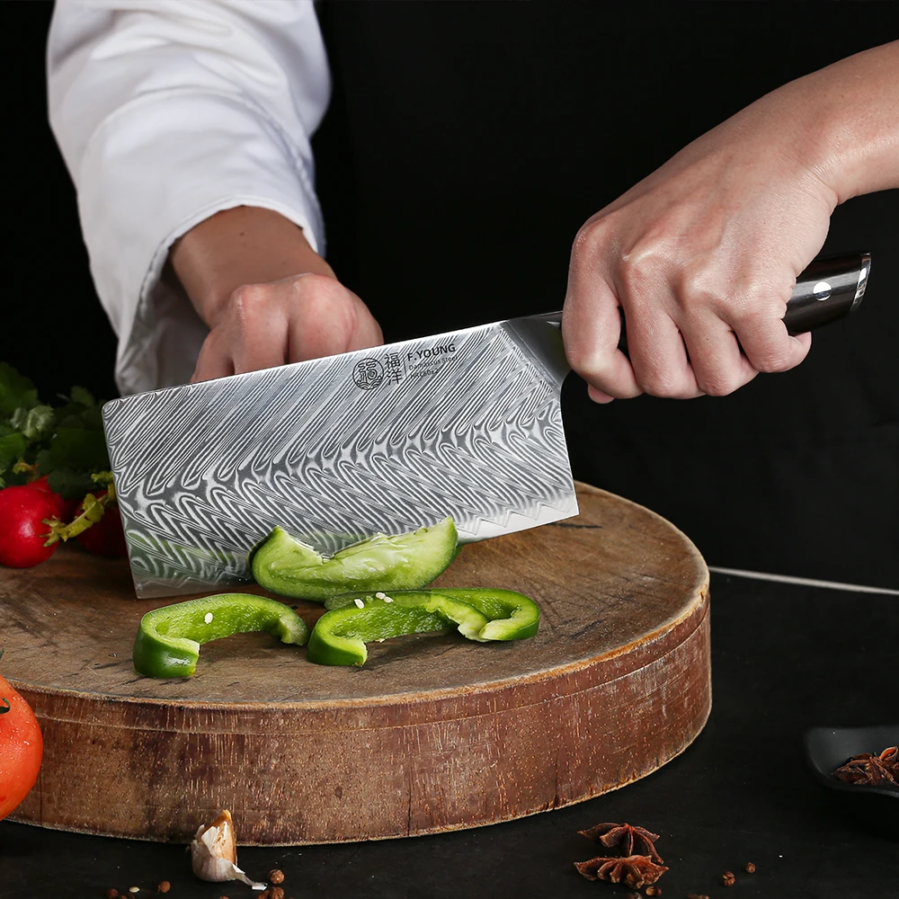 F.YOUNG 7 Inch Chinese Cleaver Knives Damascus Steel Sharp Meat Vegetable Slicing Chopper Best Professional Kitchen Chef Knife