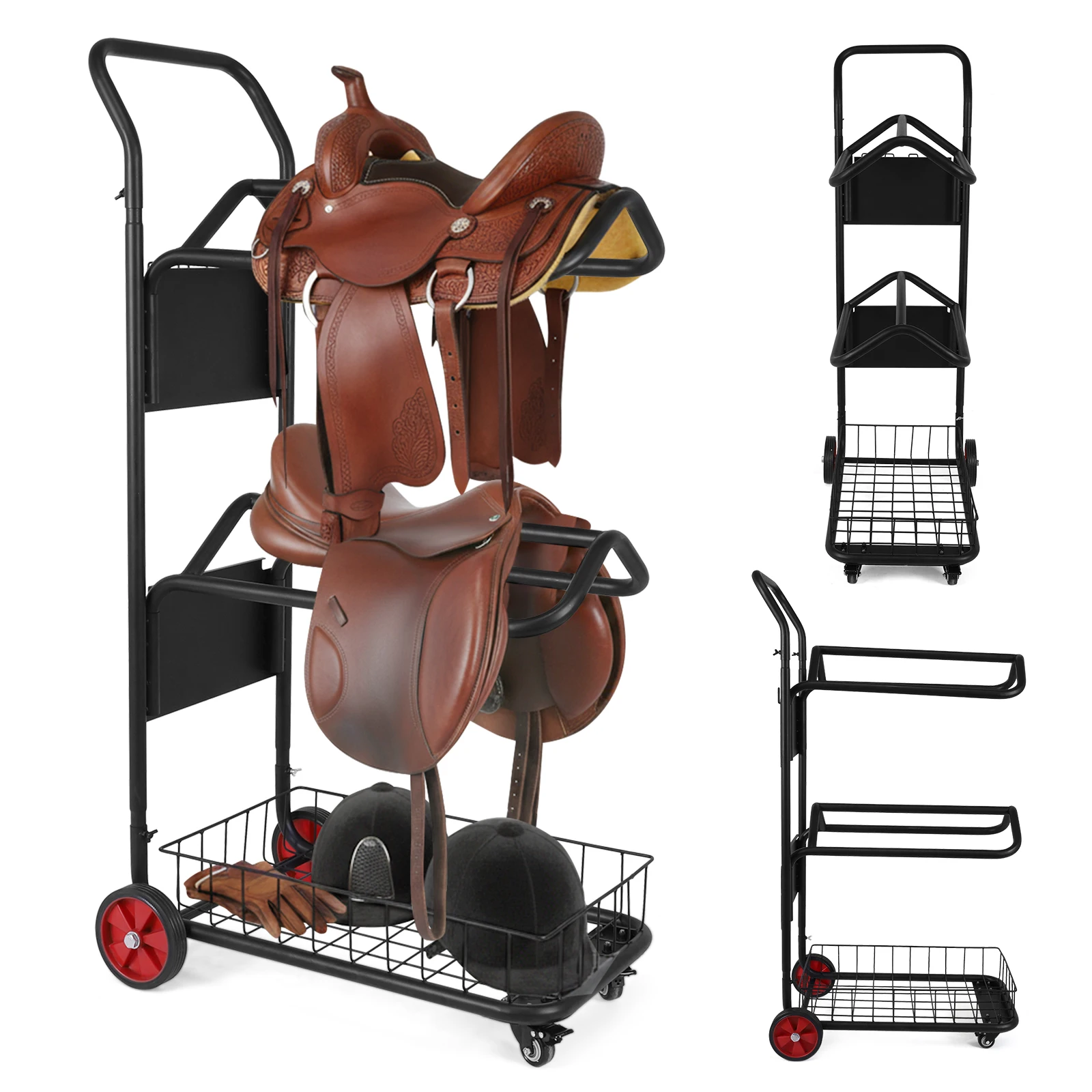 

Тележка-стеллаж для конных седел с корзиной, передвижная тележка для хранения, организации и транспортировки снаряжения