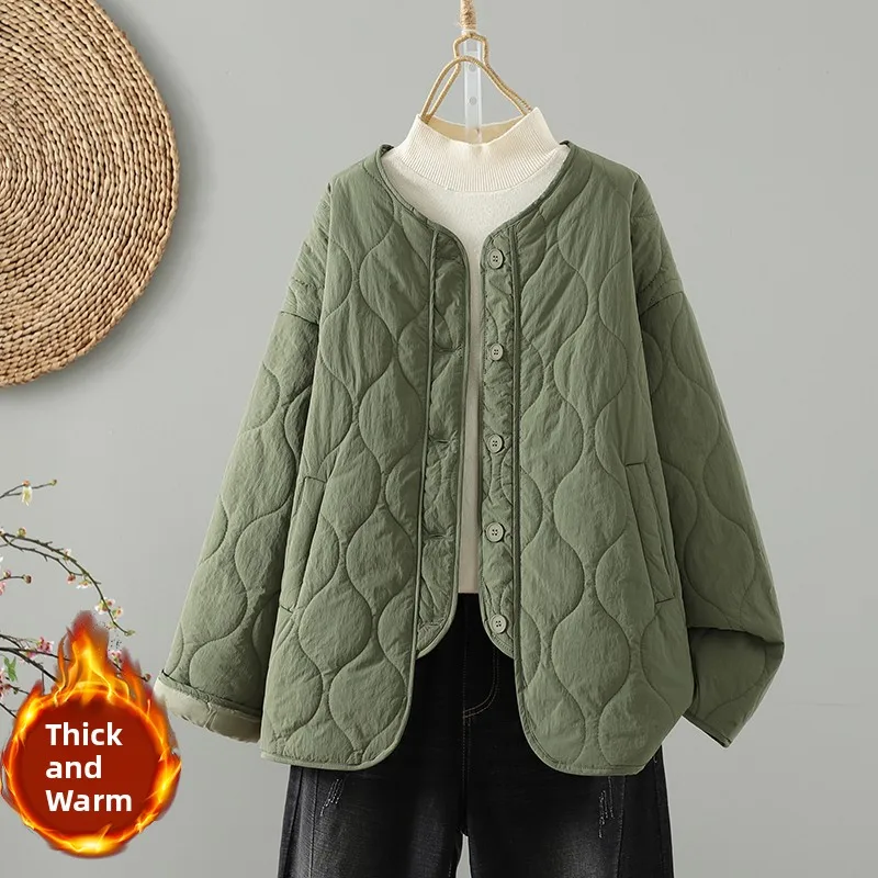 Lightweight Winter Cotton Jacket Women's Casual Loose Fit round Neck Diamond Patterned Coat Thin Cotton Outerwear Coat