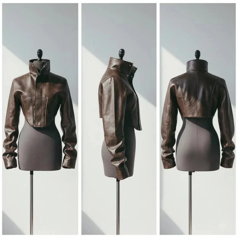 Vintage Women's Cropped Faux Leather Jacket With Stand Collar And Balloon Sleeves In Biker Style For Chic All Streetwear Outfits