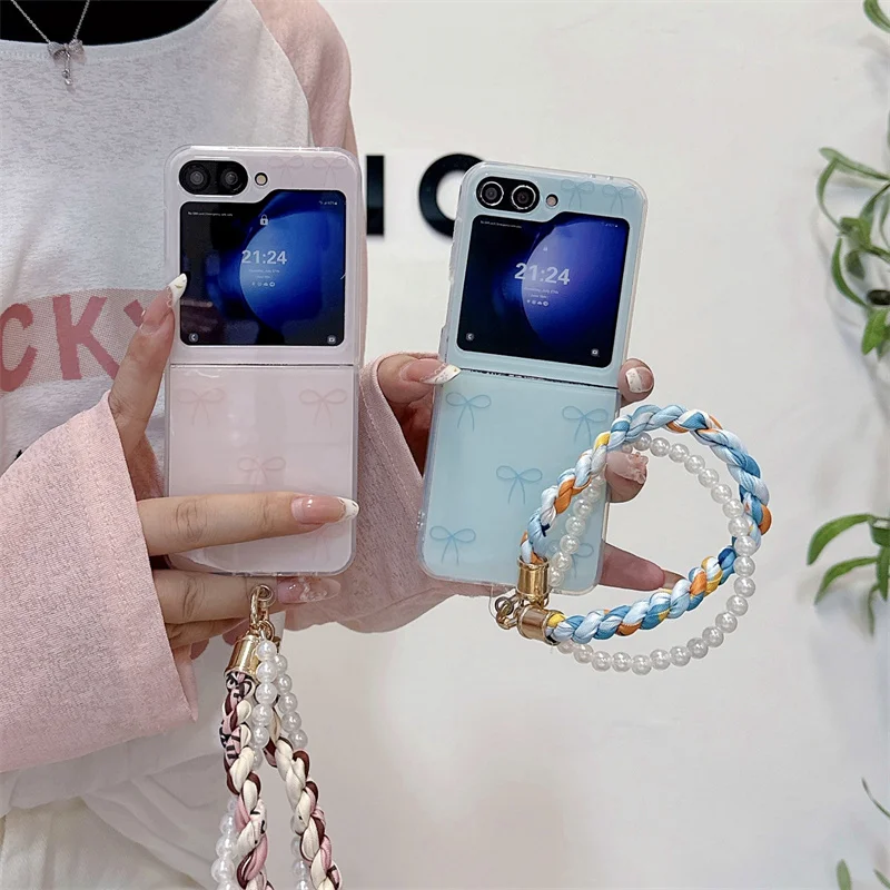 

Розовый синий чехол для телефона с ремешком на запястье и бантом для Samsung Galaxy Z Flip 7 FE 6 3 4 5, двухслойный противоударный чехол IMD