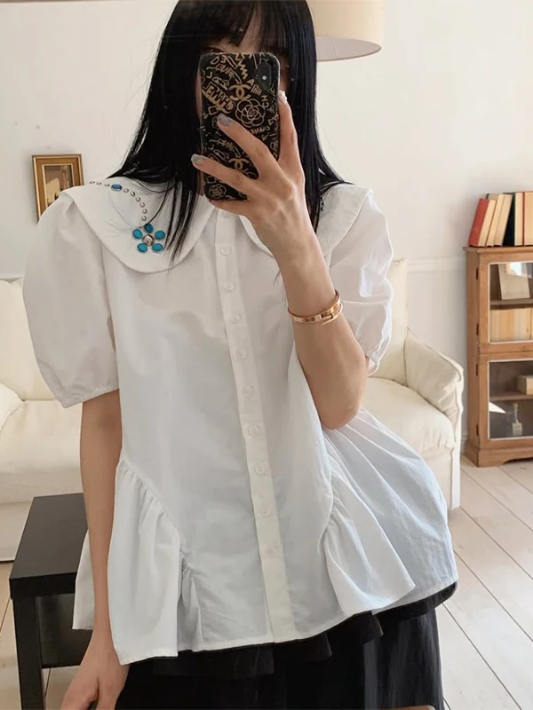 Sweet Doll Collar ort Sve Pleated Bubble Sve Women's irt Summer Faion Floral Embellied Casual Loose Fit Top