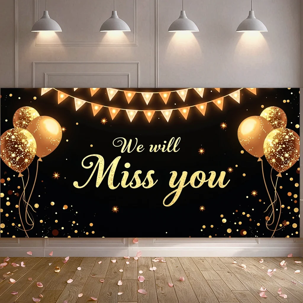 Farewell Theme We Will Miss You Party Banner Gold Balloon Glitter Stars Goodbye Decorations Backdrop Going Away Event Background