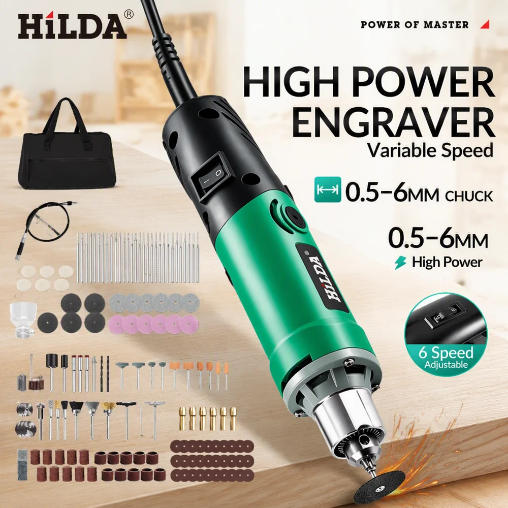 HILDA Electric Drill Engraver Variable 6 Speed High-Power Rotary Tool Set Woodworking Grinder Polishing