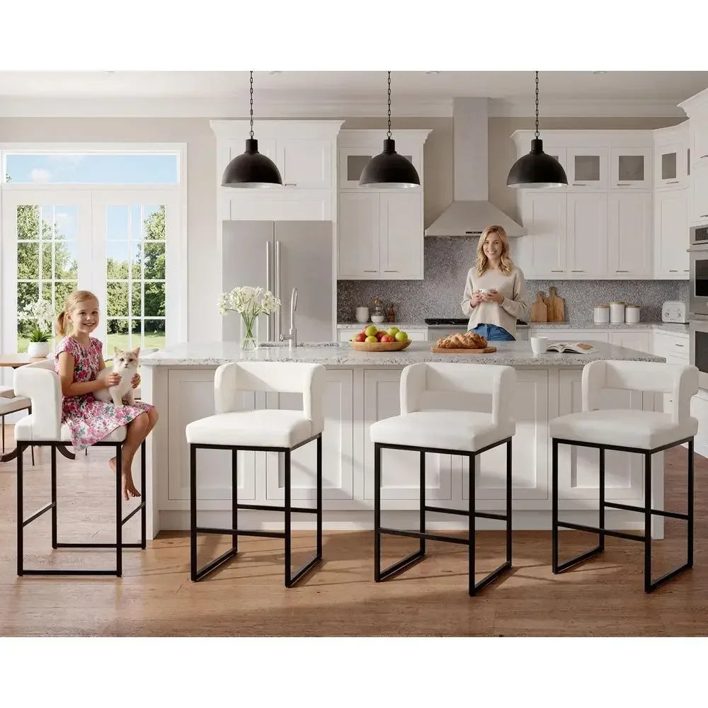 Set of 2 White Leatherette Counter Height Bar Stools with Open Back and Black Metal Frame for Kitchen Island view 6
