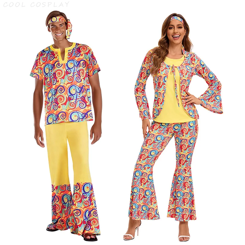 60s 70's Disco Costume for Women Men Couple Hippie Disco Cosplay Costume Fancy Dress Up for Adult Hippie Rock Disco Night Club