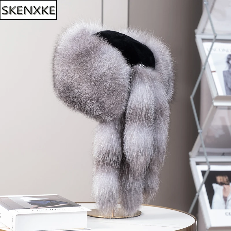 Winter Women's Bomber Hat Real Fox Fur Hats Warm Fashion 100% Real Fur Top Rex Rabbit Fur Caps Ruaaian Outdoor Warm Fox Fur Cap