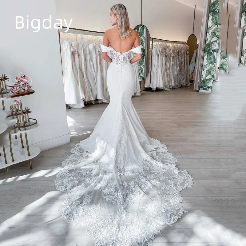 Elegante Meerjungfrau Brautkleider Frauen Schatz Spitze offen zurück weiß von der Schulter Brautkleid Sweep Zug Vestidos de Novia