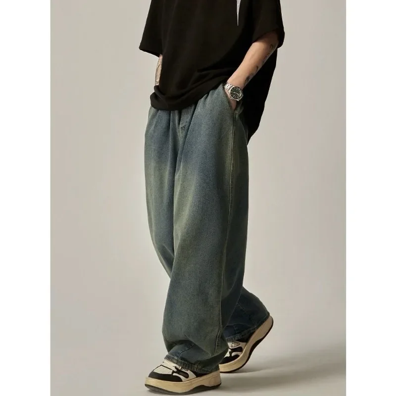 High Street Retro Washed Old Plus Size Wide-leg Jeans Harajuku Streetwear Loose Straight Casual Trend Long Pants Men's Clothing