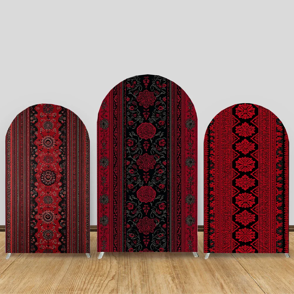 

Red Embroidered Hibiscus Pattern Arched Background Cover for Birthday Bride Shower Decoration Photography Background