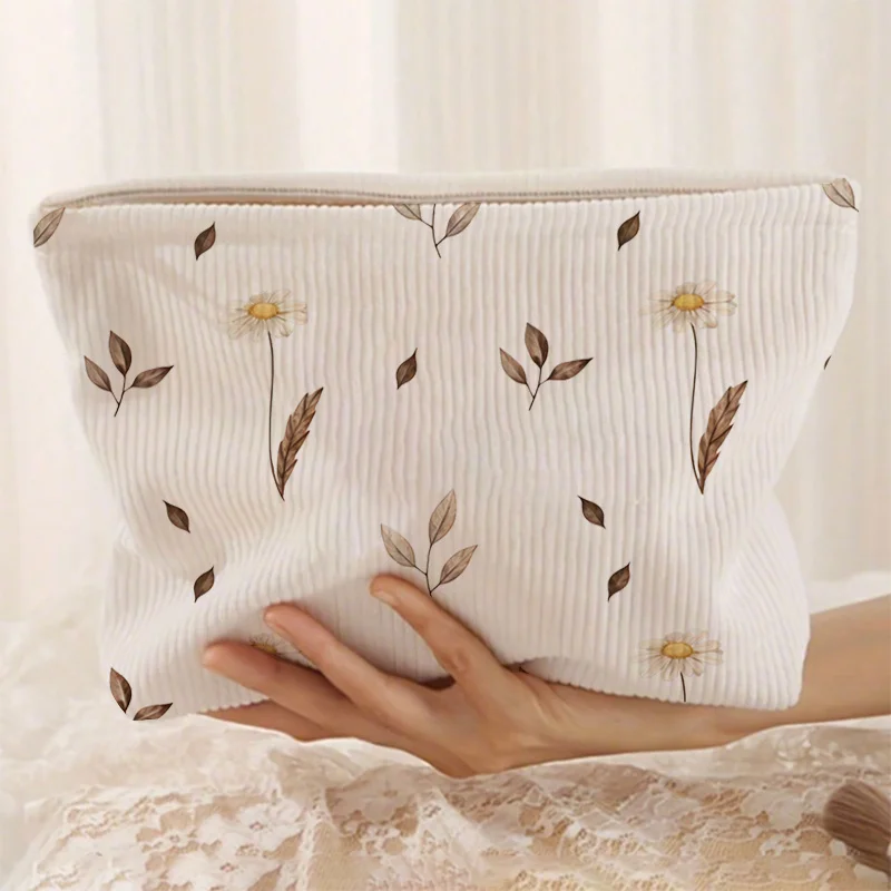 Large Capacity Corduroy Makeup Bag, Aesthetic Fall Leaves Daisy Print Cosmetic Pouch,Soft Travel Organizer with Zipper for Women