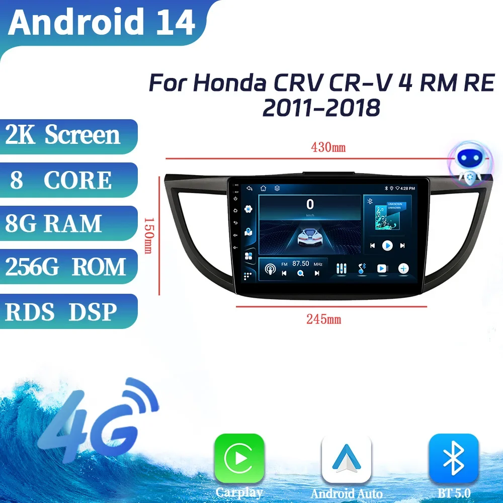 For Honda CRV CR-V 4 RM RE 2011-2018 Android OS Car Radio Multimedia Center GPS Navigation Wireless Carplay Touch Screen Stereo