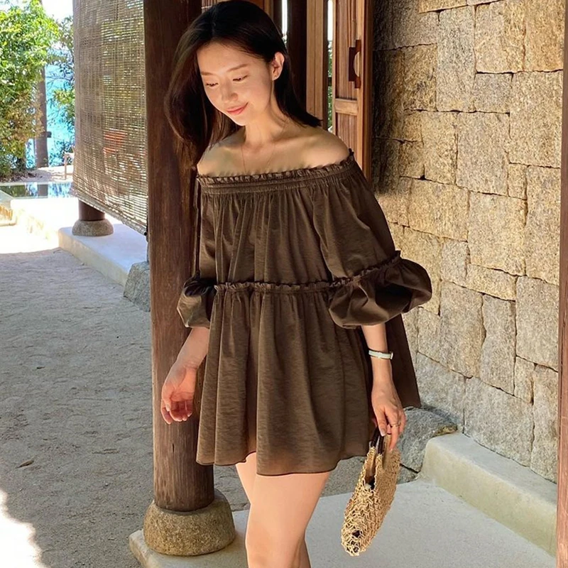 Chic Vaion Sle oulder Bared One-oulder Lantern Sve irt Women's Loose Fit Sweet Sle Pure Color Summer 2023
