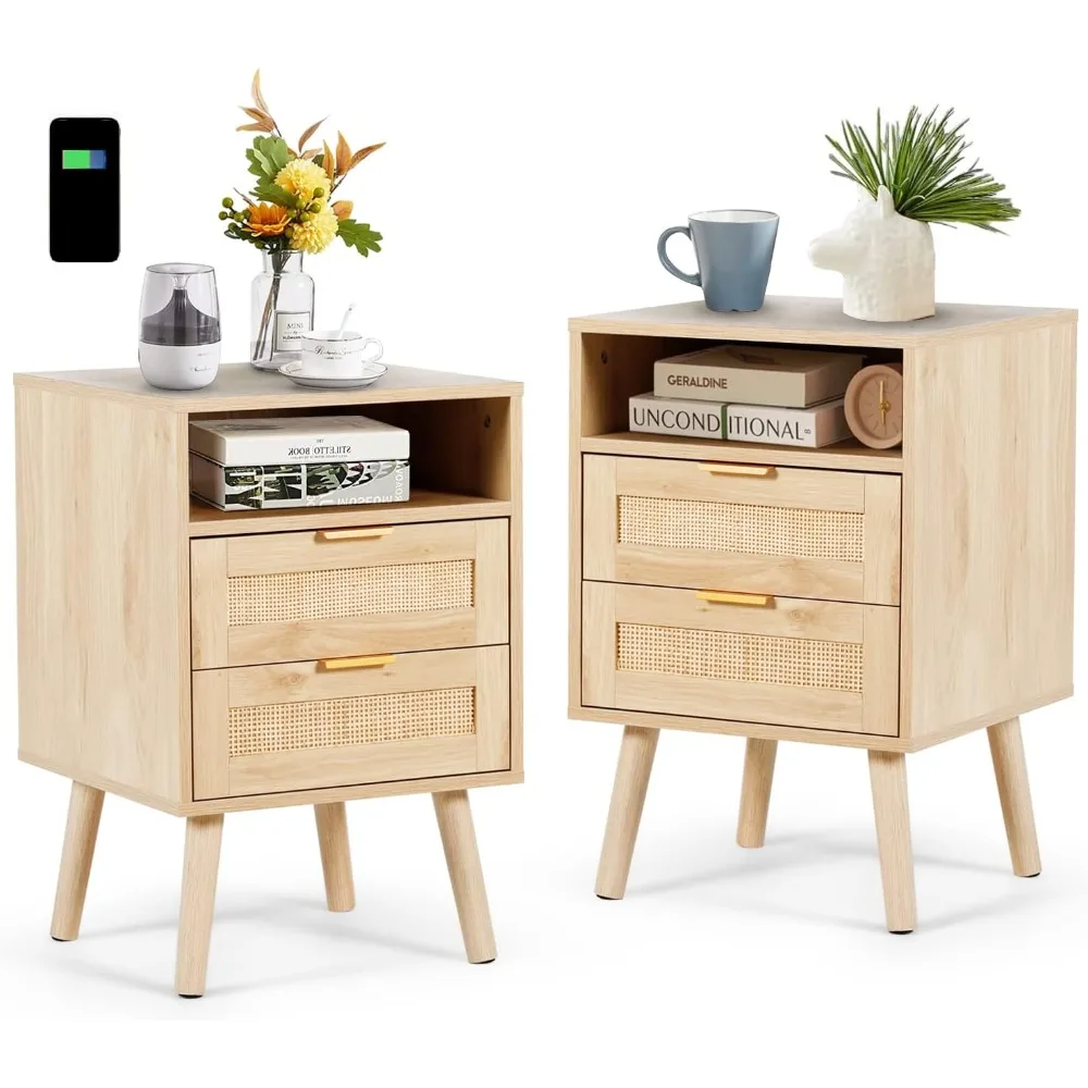 

Rattan Nightstands Set of 2 with Wireless Charging Station Modern Bedside Tables with Solid Wood Feet Night Stands Set of 2 wit