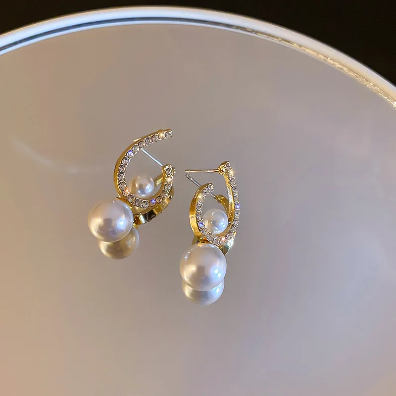 Gold-Plated Clean Stone Women Stud Earring Fake Pearl Girl Wedding Party Jewelry