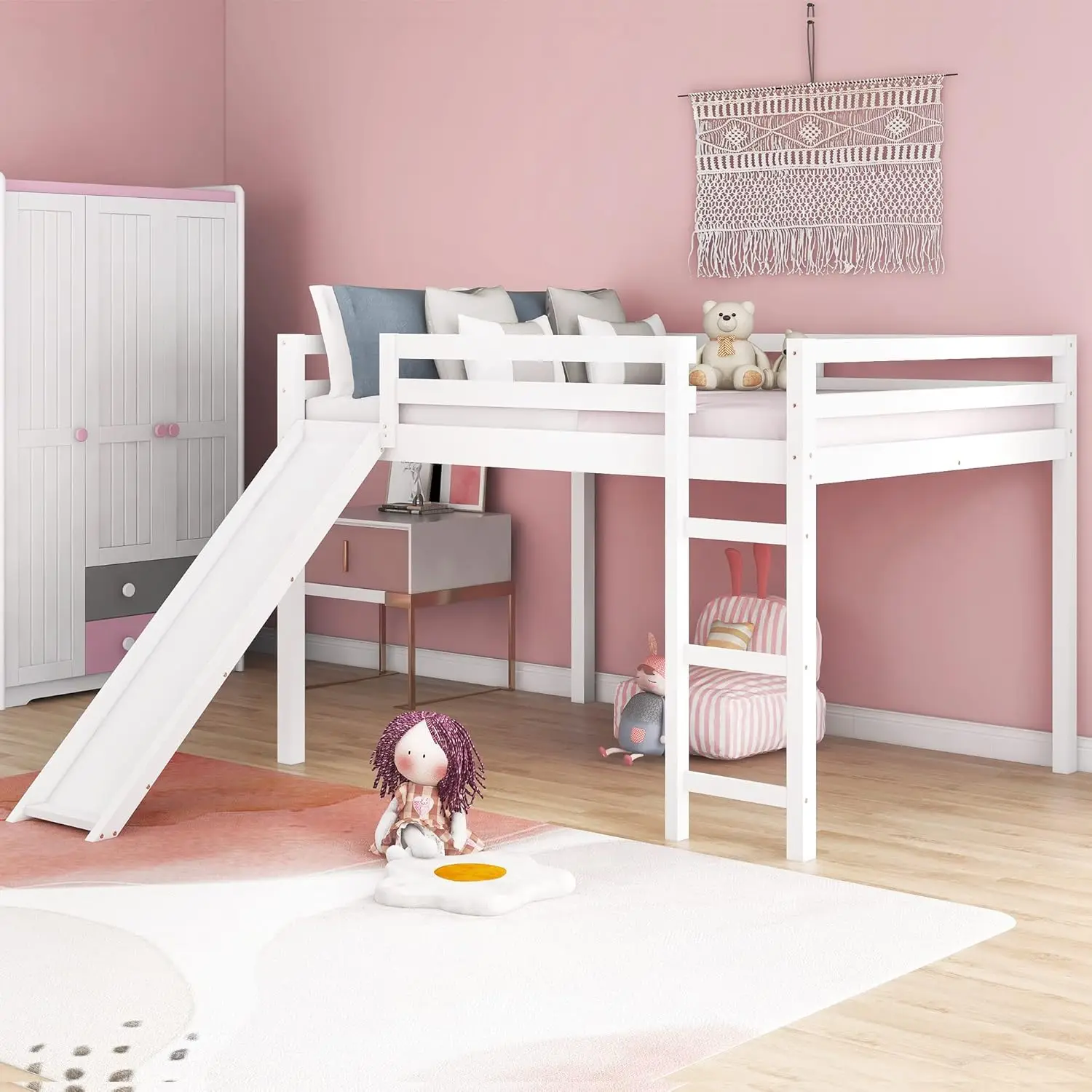 

Lostcat Full Loft Beds With Slide, Kids Loft Bed With Slide, Wood Full Size Low Bed With Slide And Ladder, Wood Low