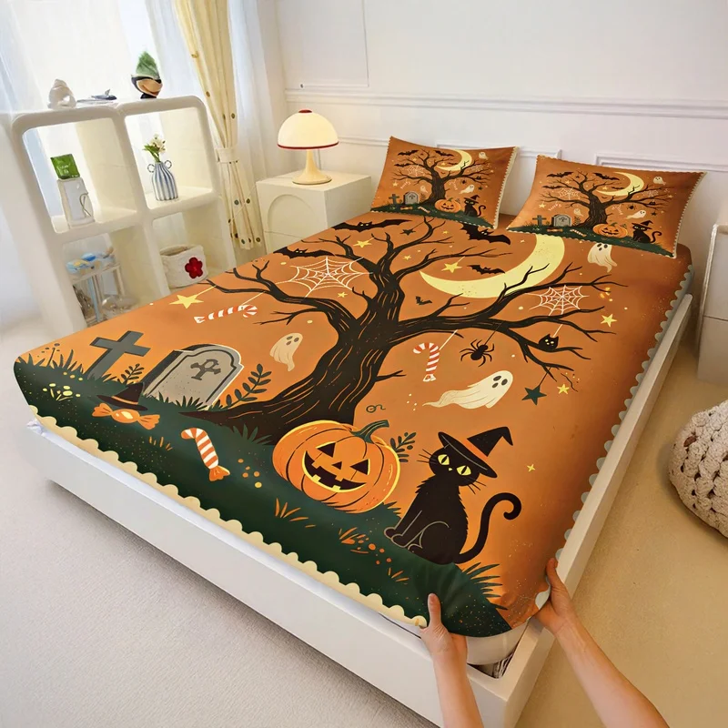 Fashion Halloween Print Fitted Sheet Set Pumpkin Ghost Black Cat Bat Tombstone Bed Sheet Set Cozy Bedroom Decor Holiday Gift