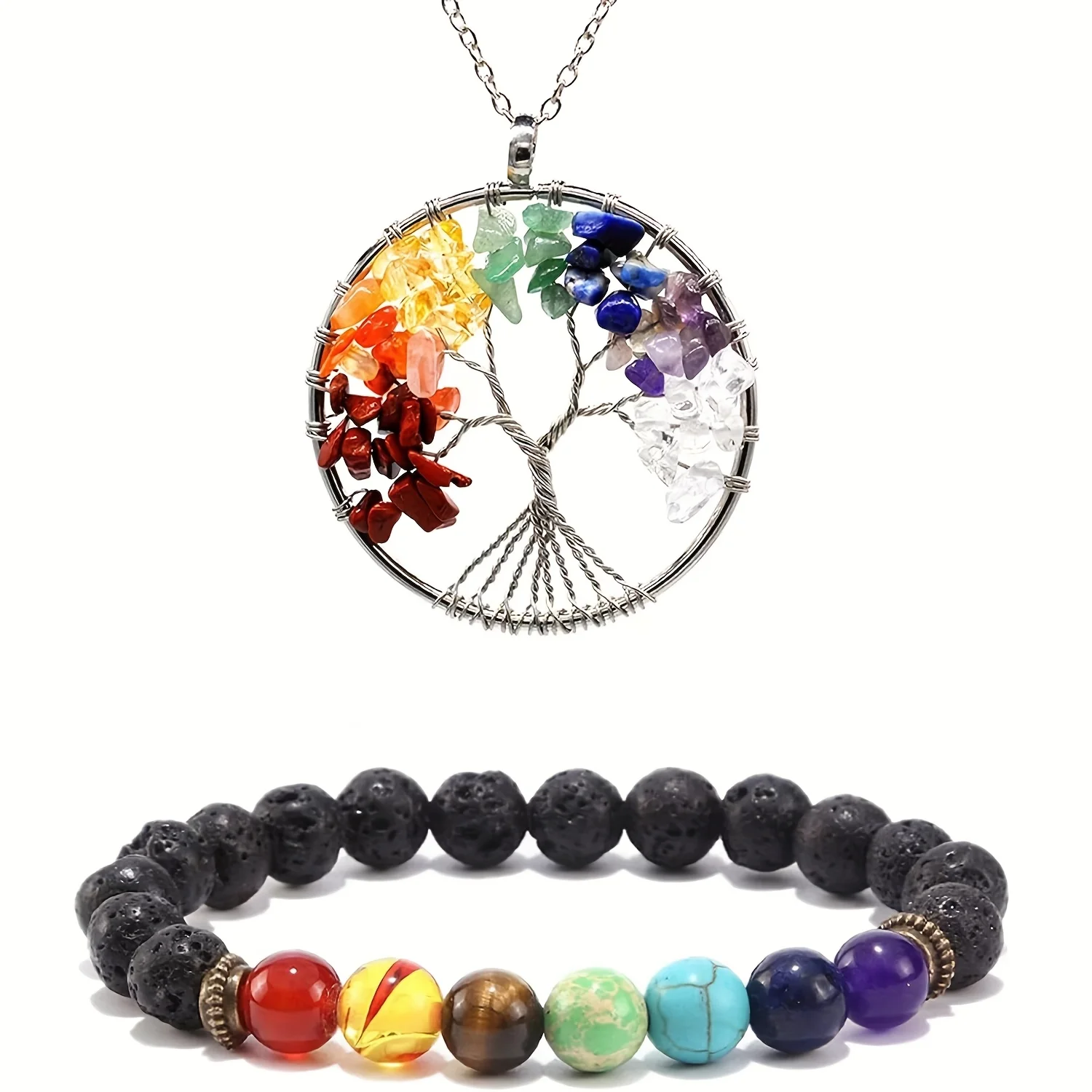 Healing Crystals Tree of Life Necklace, 7 Chakra Rainbow Jewelry Set, Anxiety Relief Bracelet, Crystal Stones for Chakra Repair