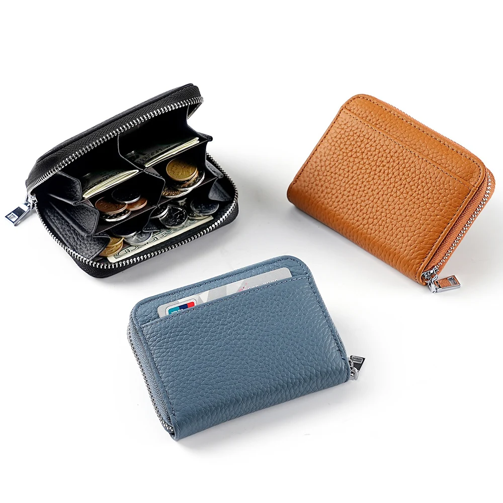 

Genuine Leather Women's Wallet Lychee Pattern Zipper Around Coin Purse RFID blocking Card holder Short Small Coin money bag