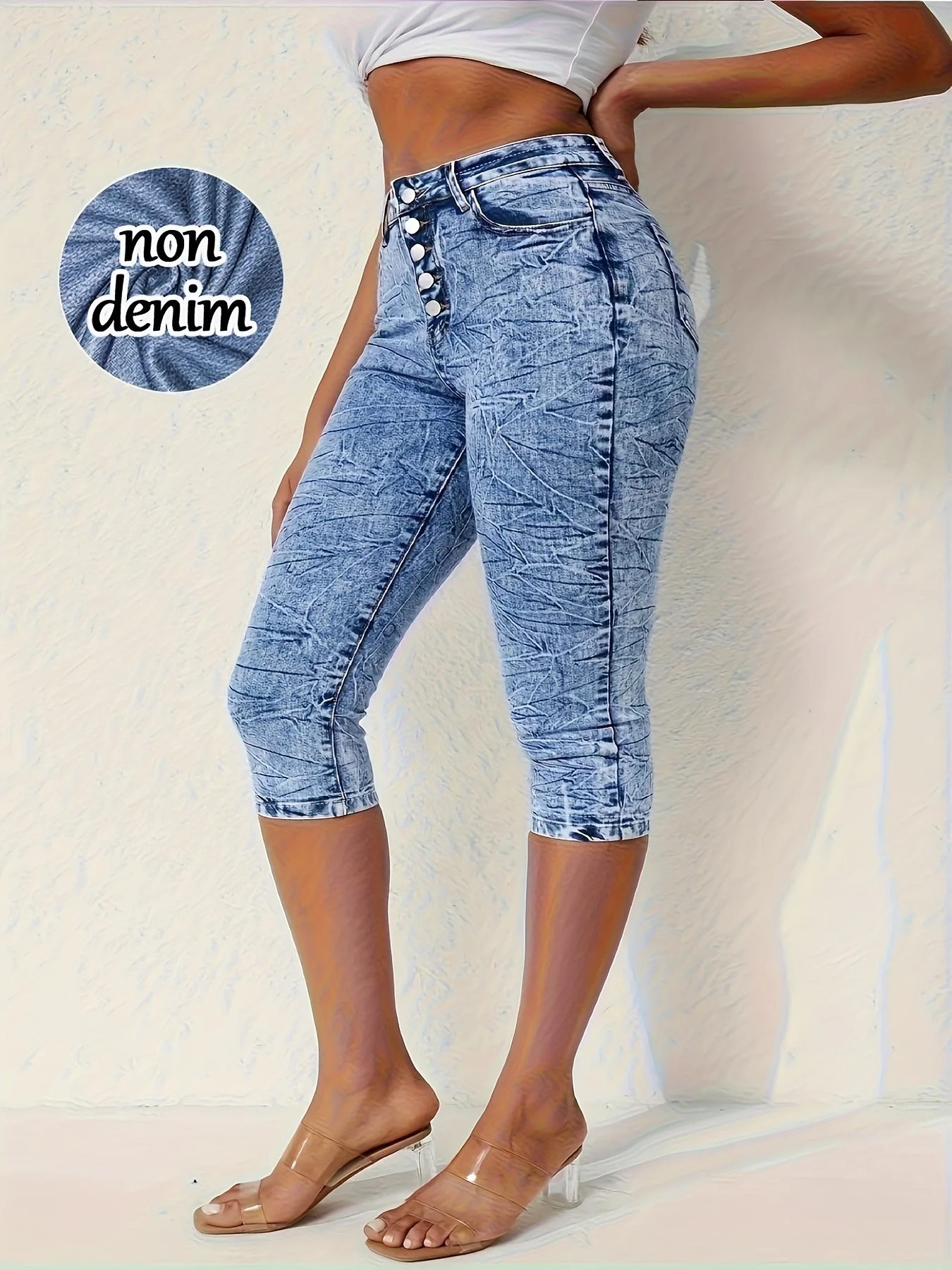Women High Waist Slim Fit Floral Print Fake Denim 7/8 Cropped Capri Pants, Suitable For Daily Casual & Sports Wear