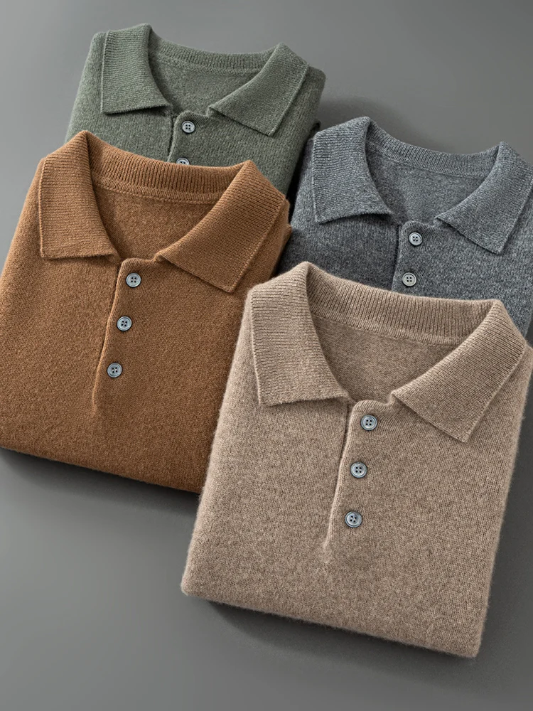 Autumn Winter Men's 100% Cashmere Polo Sweater Basic Smart Casual Long Sleeve Pullover Cashmere Knitwear Soft Comfy Clothing Top